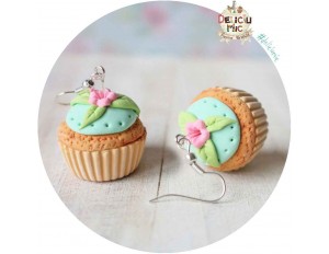 Cercei Cupcake turcoaz cu floricica roz