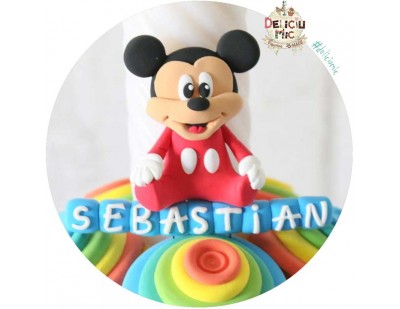 Marturie magnet Mickey Mouse cu body rosu - personalizat cu numele bebelusului