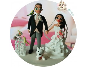 Figurine tort nunta - Mire & Mireasa alaturi de catelul westie si cei 4 papagali