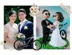Figurine de tort pentru nunta - Mirele si Mireasa stau langa bicicleta lor