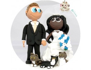 Figurine de tort pentru nunta - Mire si Mireasa afro-americana alaturi de animalutele lor