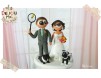 Figurine Tort Nunta Mirele joaca bedminton si Mireasa cu cei 2 catei Pug Mops si Rottweiler